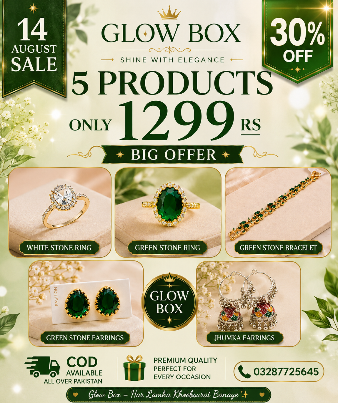 Glow Box 14 August Sale 5 Products Combo Set – White Stone Ring, Green Stone Ring, Bracelet, Earrings & Jhumka – 1299 Rs