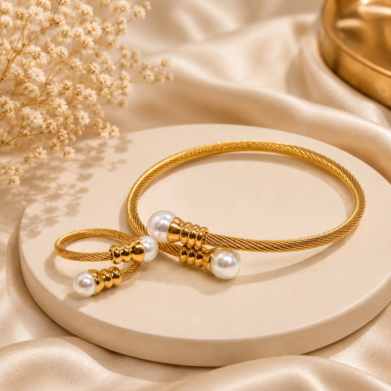Luxury Gold-Plated Pearl Bracelet & Ring Set