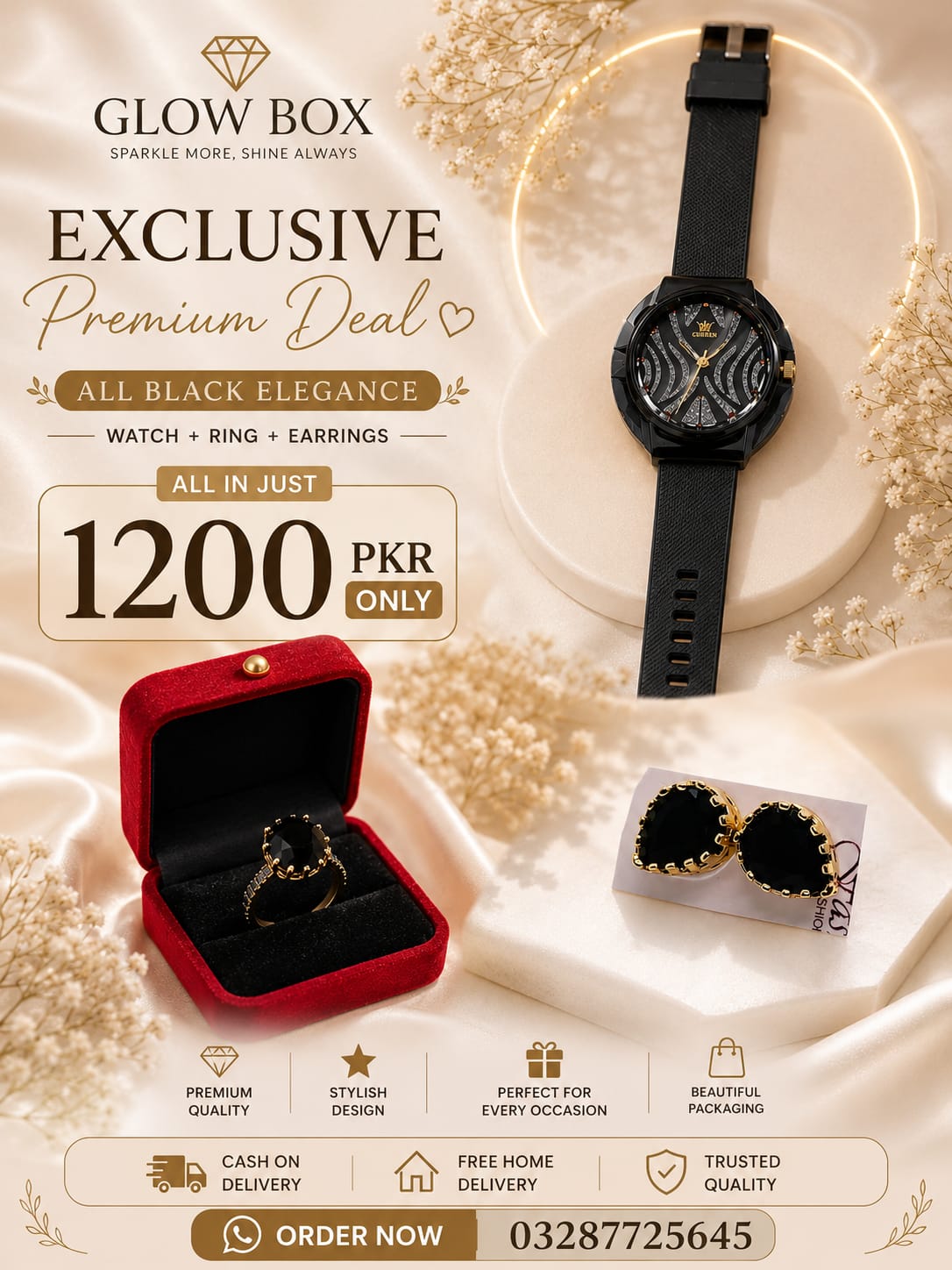 Glow Box Exclusive Black Jewelry Deal – Watch, Ring & Earrings