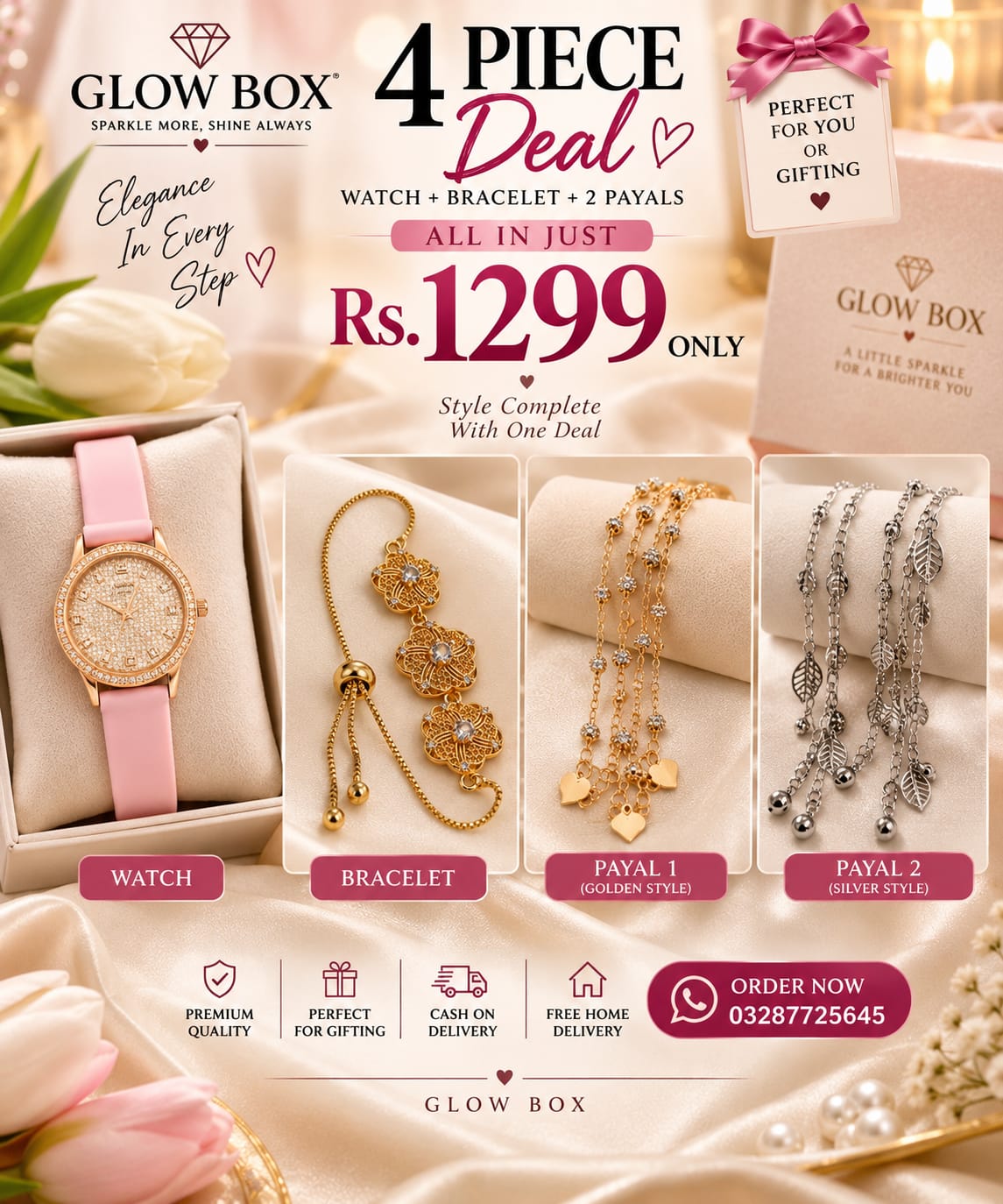 Glow Box 4 Piece Jewelry Deal – Watch, Bracelet & 2 Payals