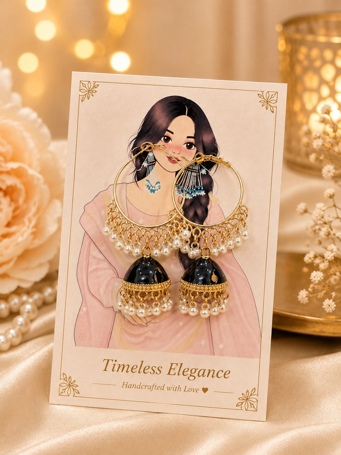 Elegant Black Gold Jhumka Earrings with Pearl Beads