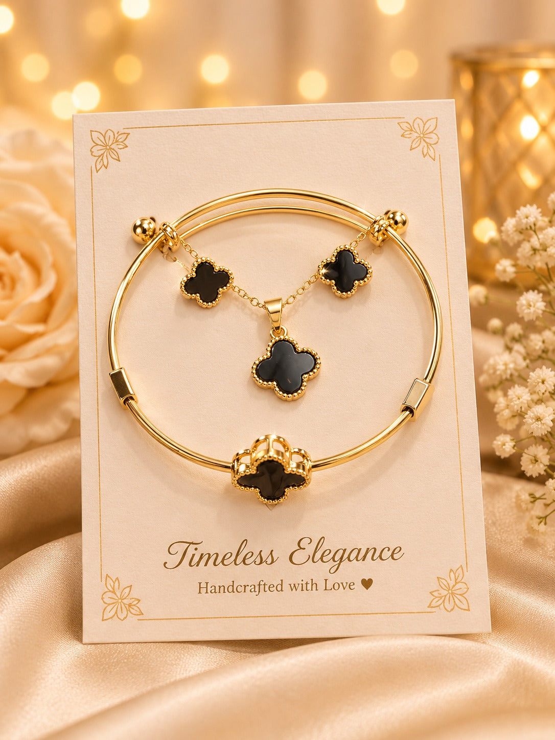 Elegant Black Clover Gold Bracelet Set for Women