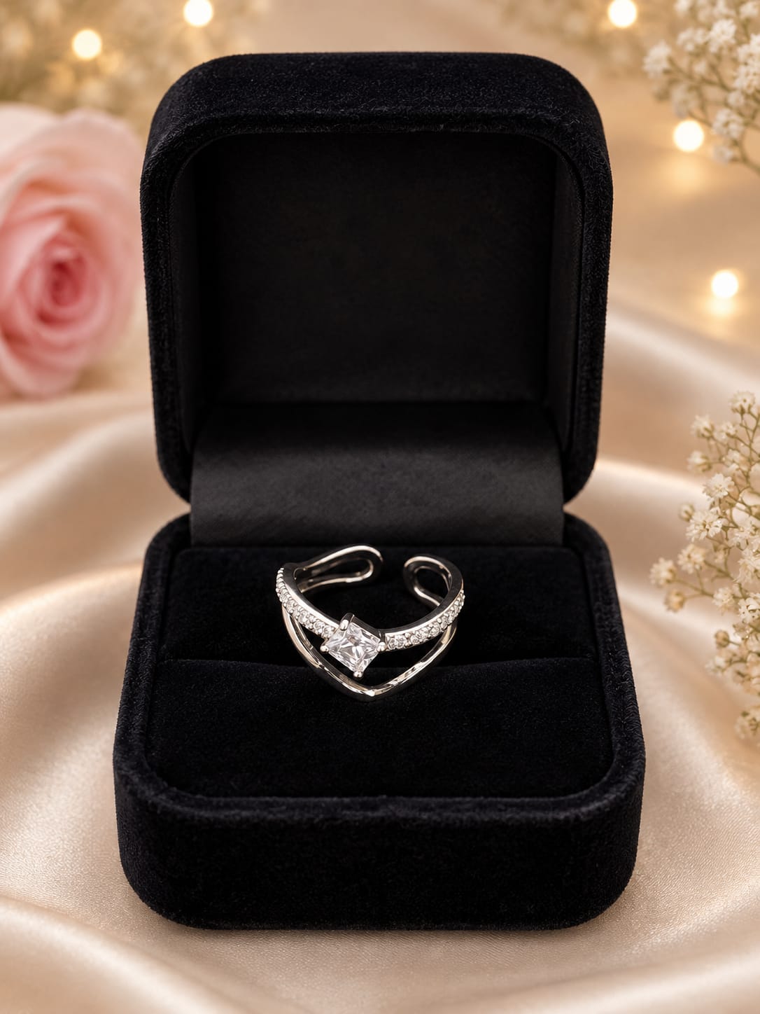 Premium Silver Crystal Adjustable Open Cuff Ring for Women